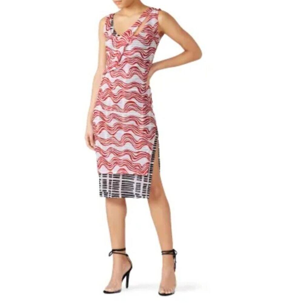 Atlein Tulle Double Layer Sheath Midi Dress XS‎ Sleeveless White Red Black